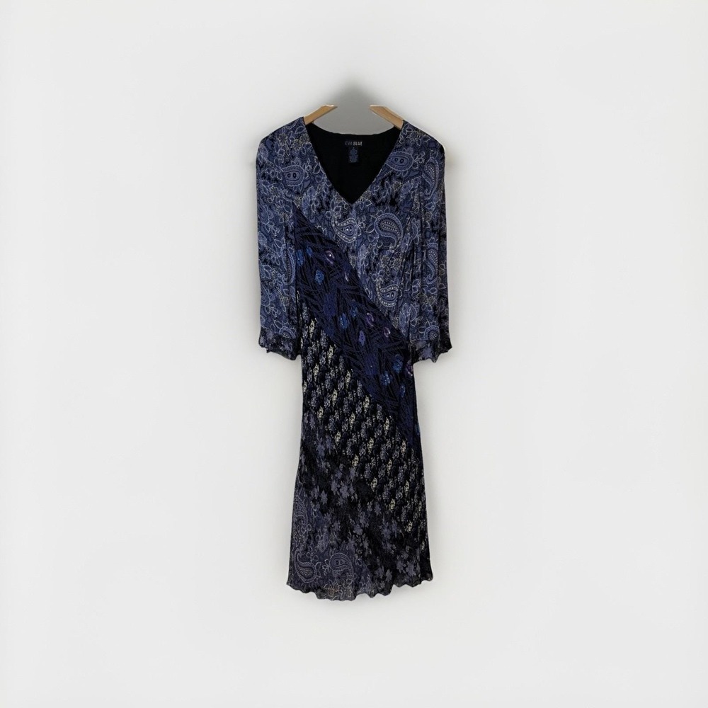 Eva Blue Midi Dress Women 8 Blue Paisley Floral Sequin Mixed Print V-Neck Boho